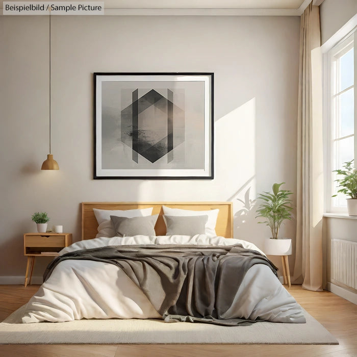 Modern bedroom with wooden bed, geometric artwork, and sunlit window with curtains.