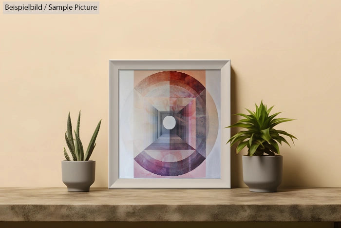 Framed geometric art with circular design, flanked by two potted plants on a wooden shelf against a beige wall.