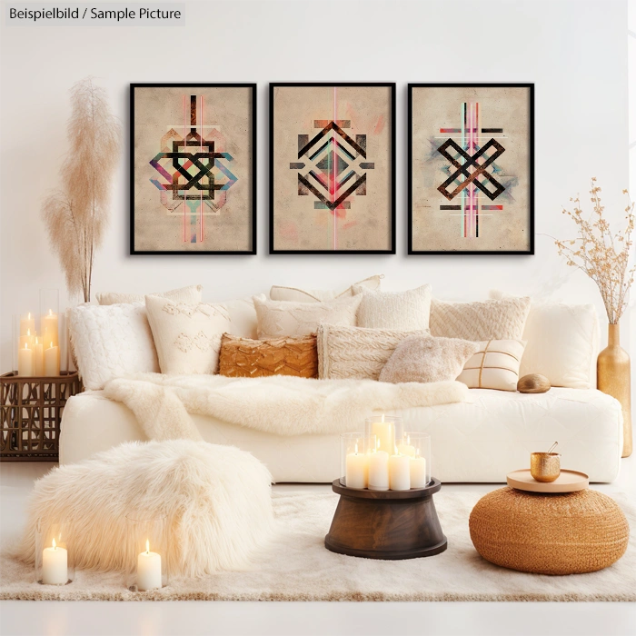 Cozy living room with abstract art on wall, beige sofa, fluffy pouf, candles, and light wooden coffee table.