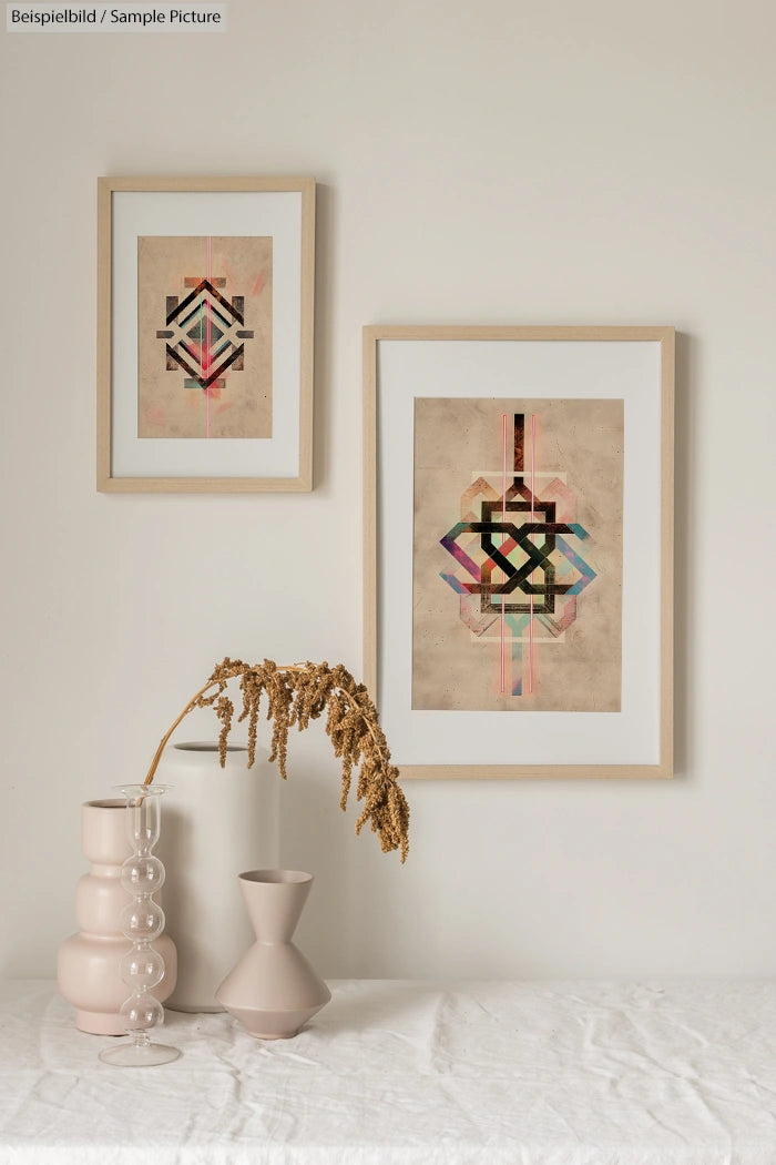 Two framed abstract geometric art pieces on beige wall above a white table with modern vases and a dried plant.