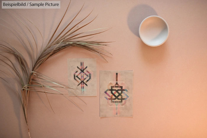 Two abstract geometric prints and a dry palm frond on a beige surface with a round white dish.