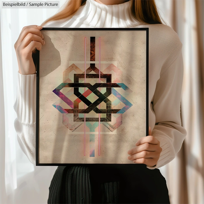 Person holding geometric art print with colorful overlapping shapes on textured background.