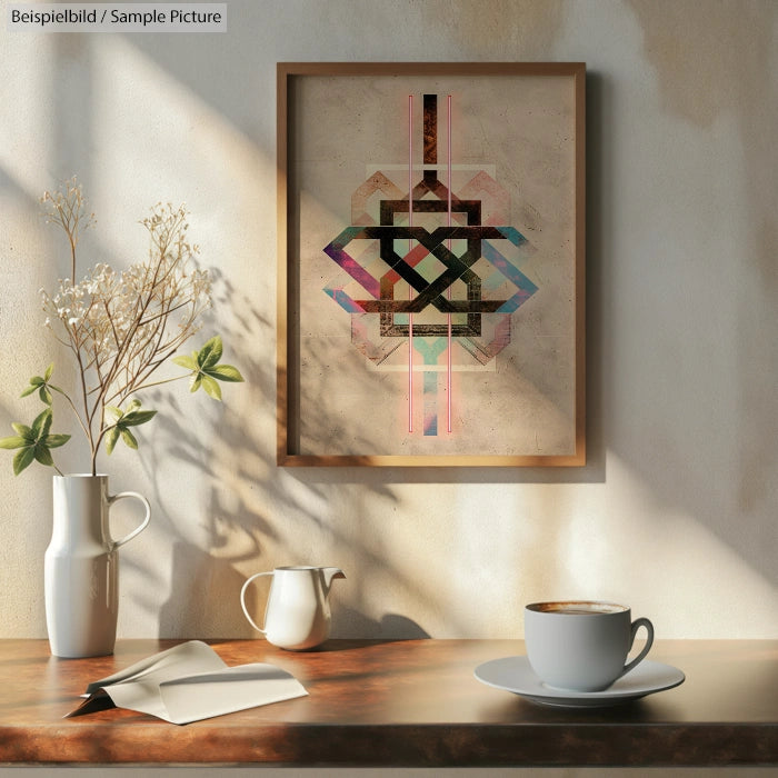 Framed geometric artwork on wall, with vase and teapot, cup of coffee on table. Sunlight creates shadows.