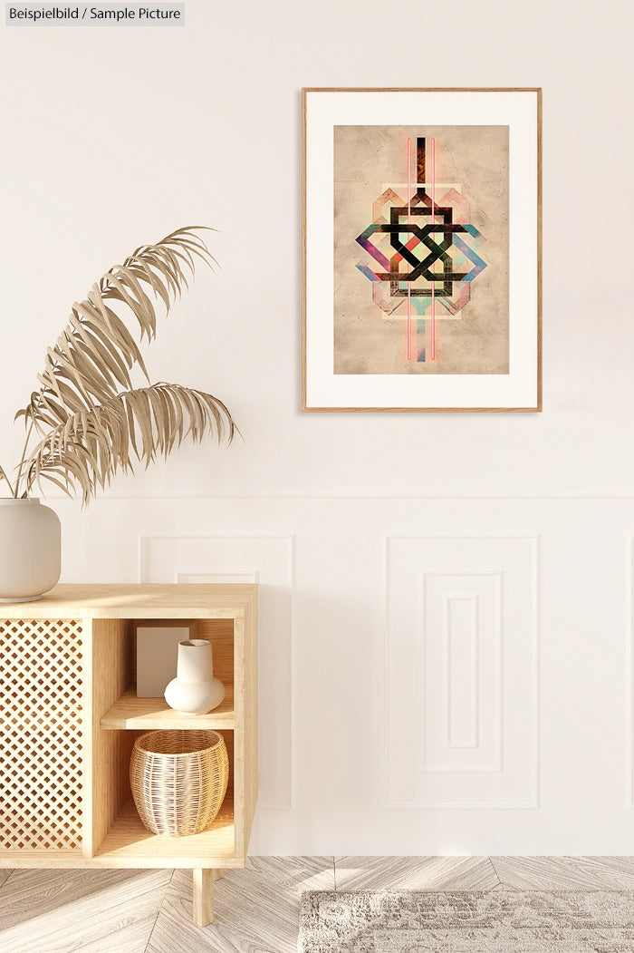 Modern living room with framed geometric artwork, light wood cabinet, potted plant, and textured wall panel.