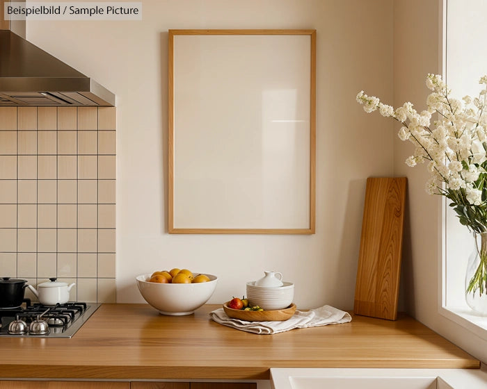 Minimalist kitchen with wooden countertops, empty frame, decorative flowers, and a bowl of fruit near a stove and sink.