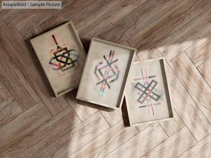 Three geometric pattern artworks in frames on a wooden floor with light and shadow effects.
