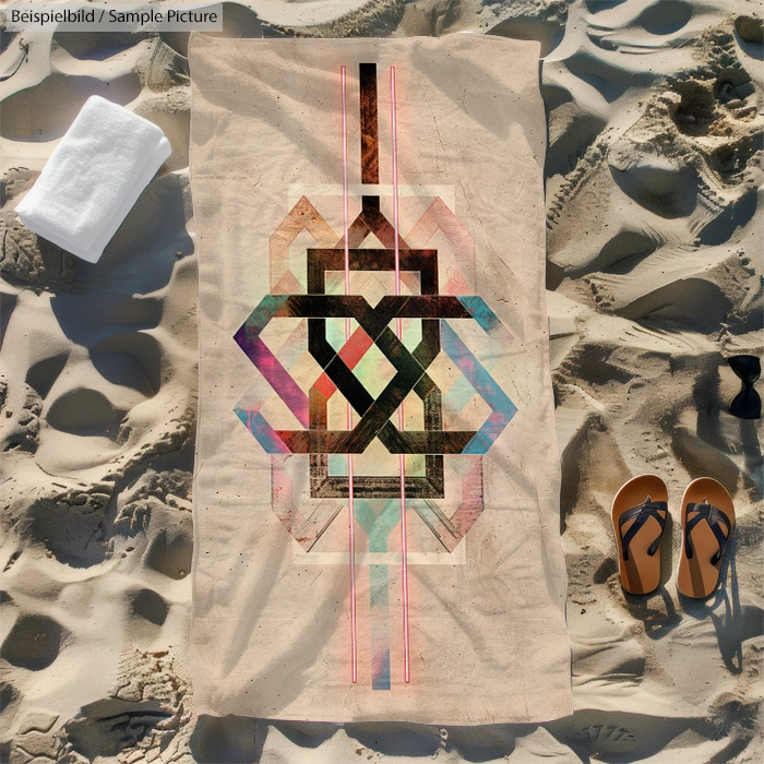 Beach scene with a geometric patterned towel, flip-flops, and a folded towel on sand.