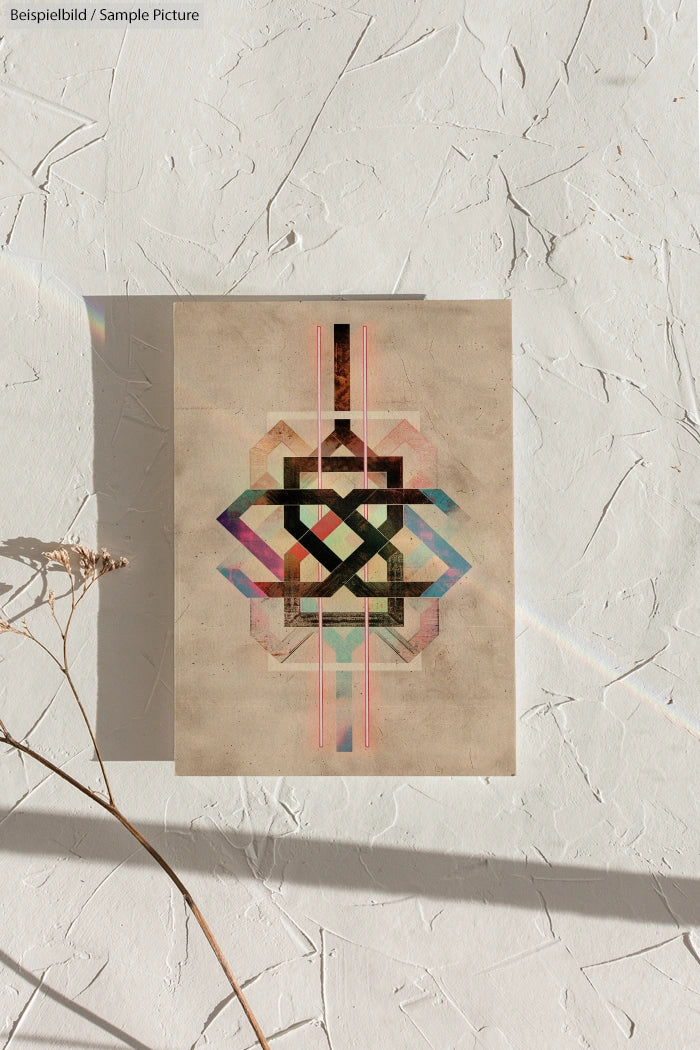 Colorful geometric pattern on textured paper against a textured white wall with a dried plant shadow.