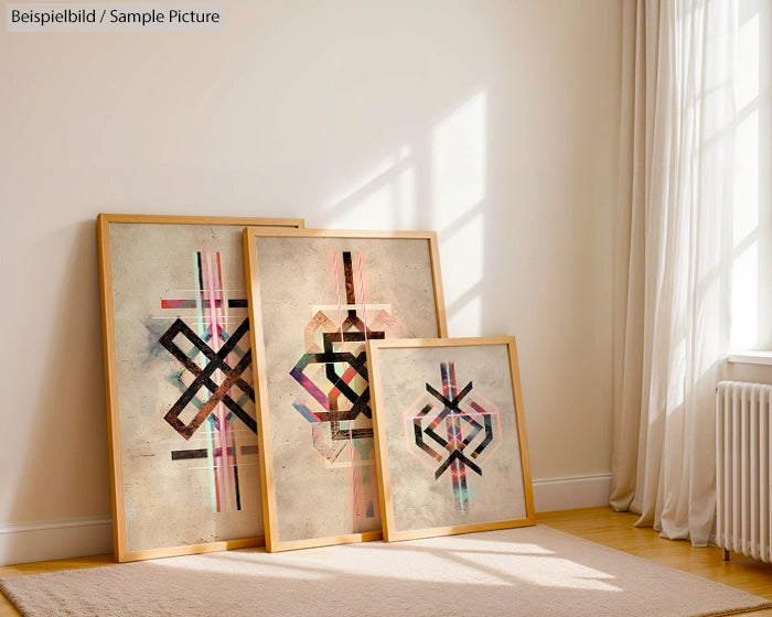 Three abstract geometric paintings with wood frames leaning against a light-colored wall on a wooden floor.