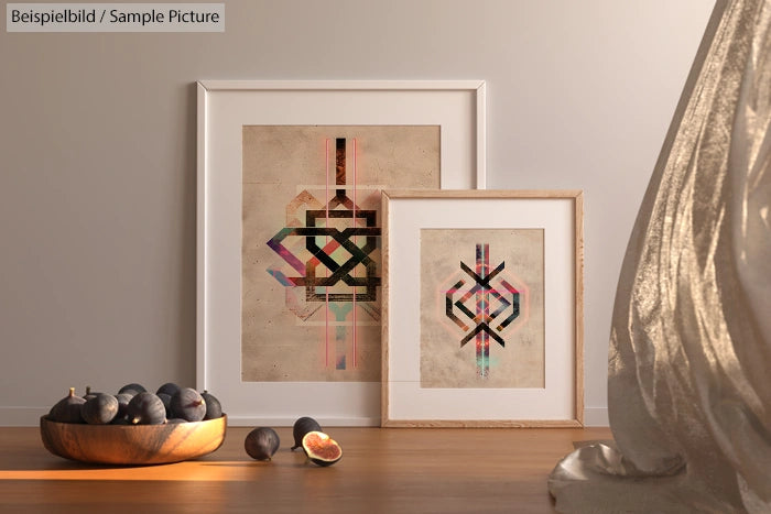 Geometric abstract art prints on wooden floor near a bowl of figs and draped fabric, creating a cozy artistic setting.