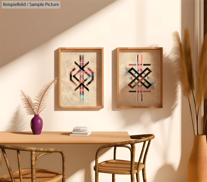 Sunny room with two framed geometric art pieces on wall, chairs, table, books, vase, and pampas grass.
