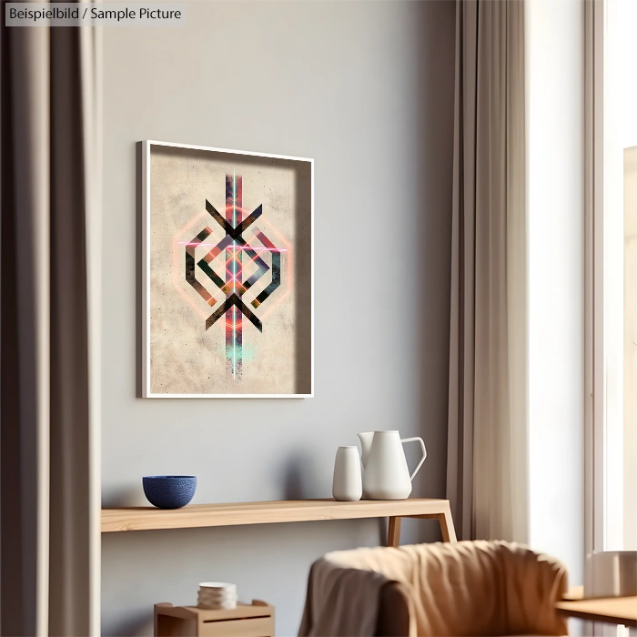 Modern living room with geometric art on the wall, wooden shelf with pottery, light curtains, and soft ambient lighting.