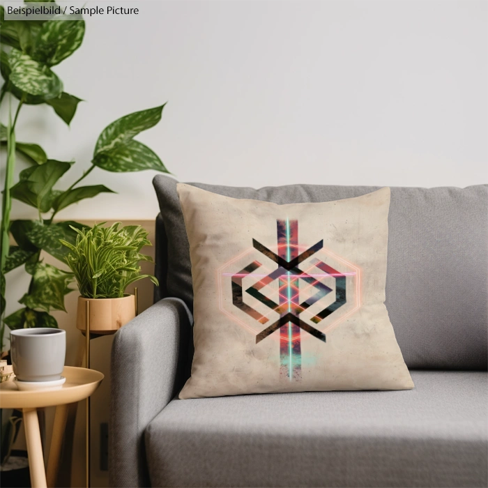 Geometric design cushion on gray sofa, next to green potted plants on modern planter stand.
