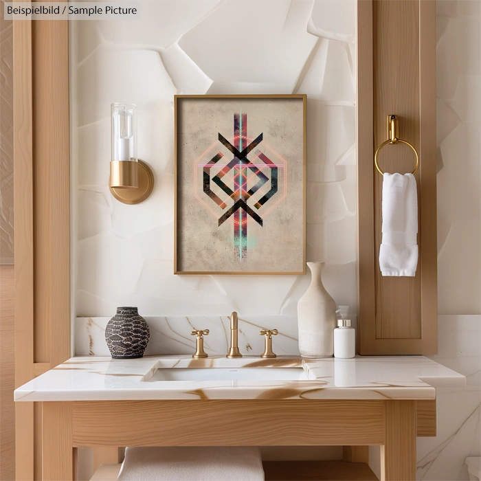 Modern bathroom with geometric art above white sink, gold faucet, and decorative vases on marble countertop.