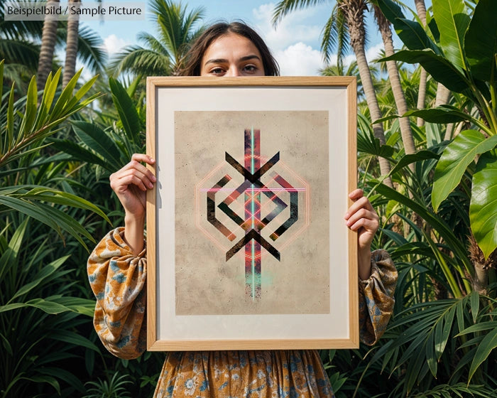 Woman in floral dress holds frame with geometric art in tropical garden.