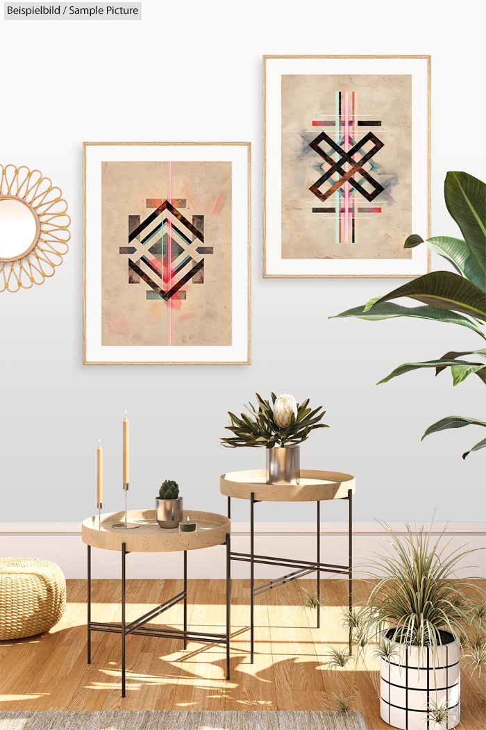 Modern living room with abstract art, round mirror, plants, and nested wooden tables with candles and decor items.