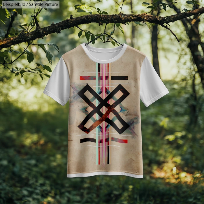 T-shirt with colorful abstract design hanging on a branch in a forest setting.