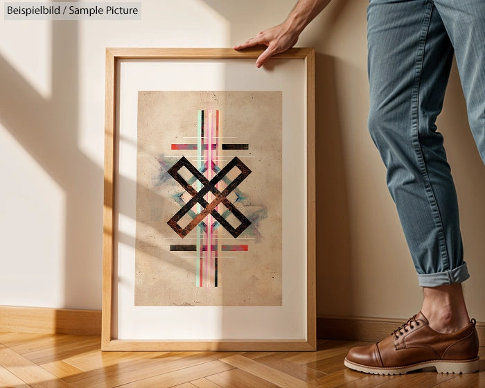 Person arranging framed abstract geometric print with intersecting lines on wooden floor in a softly lit room.