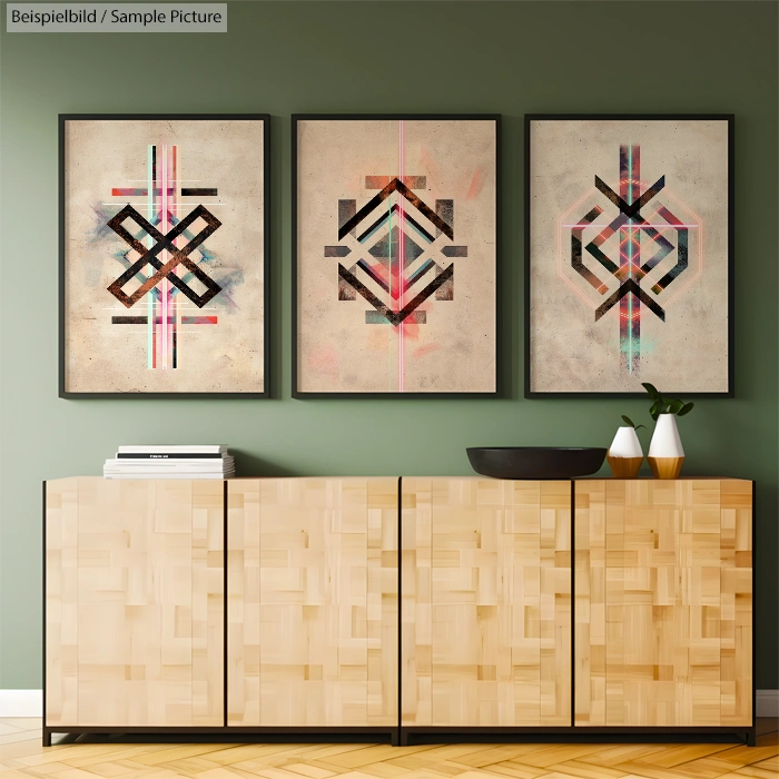 Wooden sideboard with three geometric abstract artworks on wall above it.