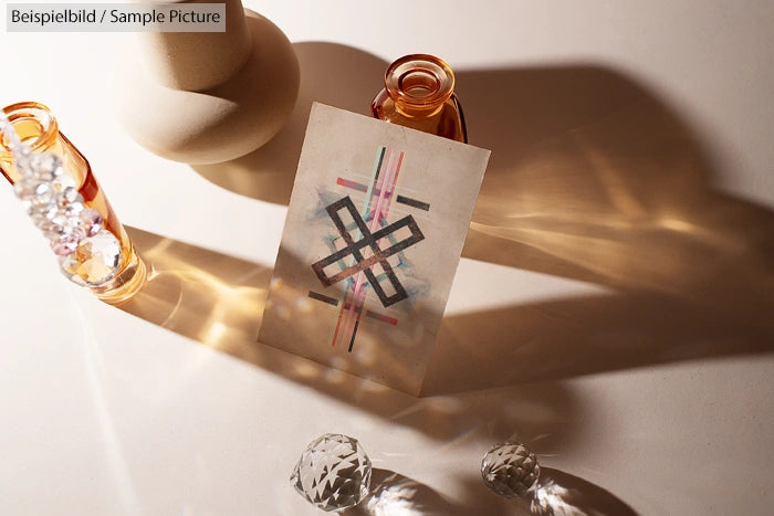 Geometric design on paper with glass bottles and a round object casting shadows in warm light on a surface.