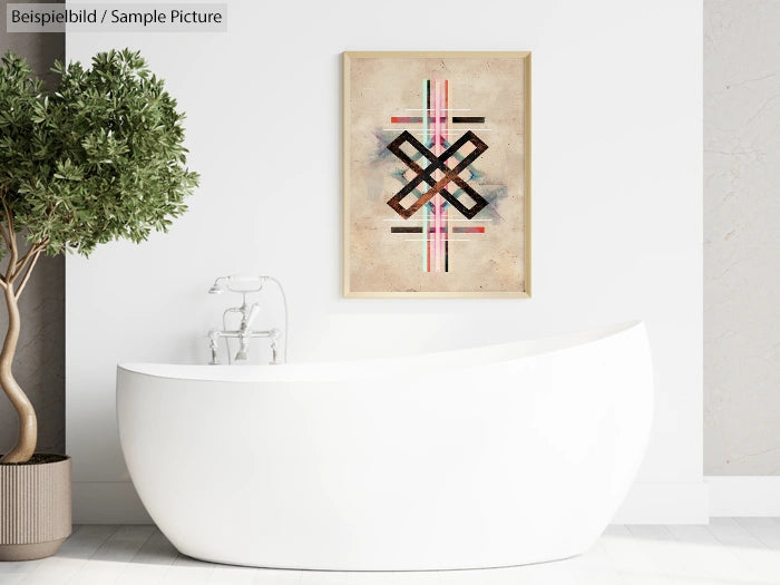 Minimalist bathroom with a modern white tub and abstract geometric art on the wall, featuring a black and red pattern.
