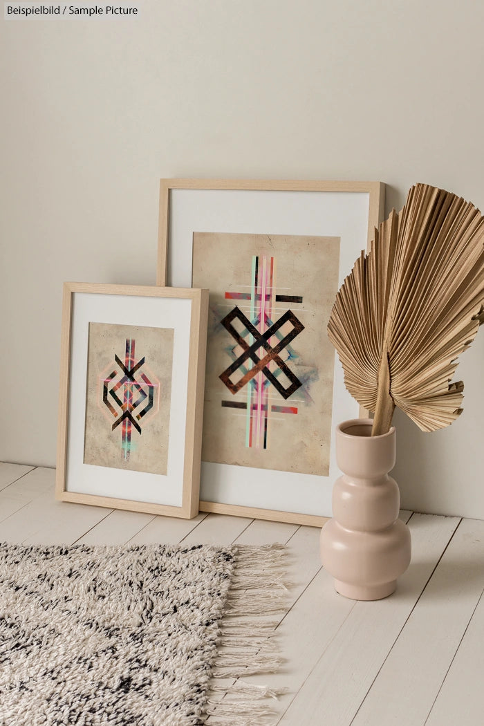 Minimalist room with framed geometric art and dry palm leaf in vase on light wood floor with textured rug.