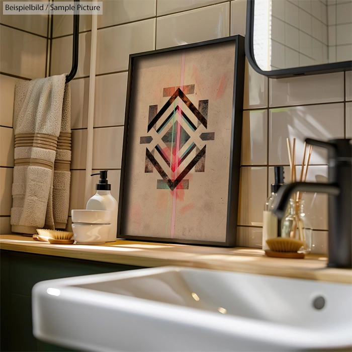 Modern bathroom with framed abstract geometric art on counter, white tiles, soap dispenser, and sink.