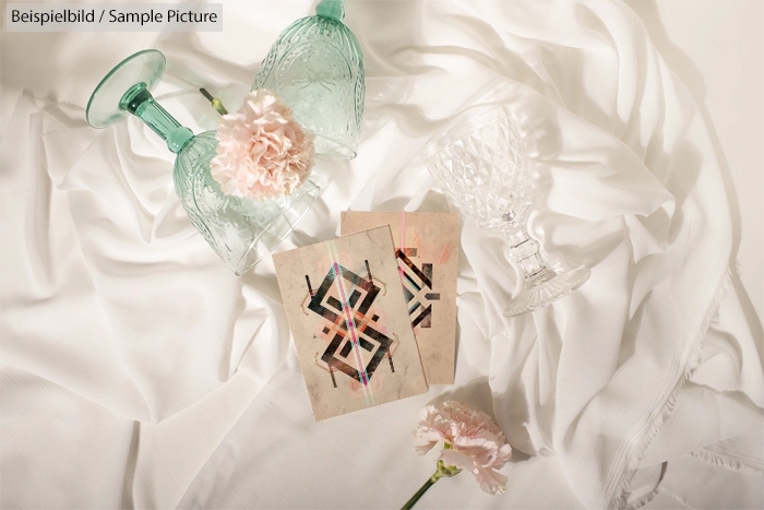 Abstract geometric cards with flowers and glassware on white fabric backdrop.