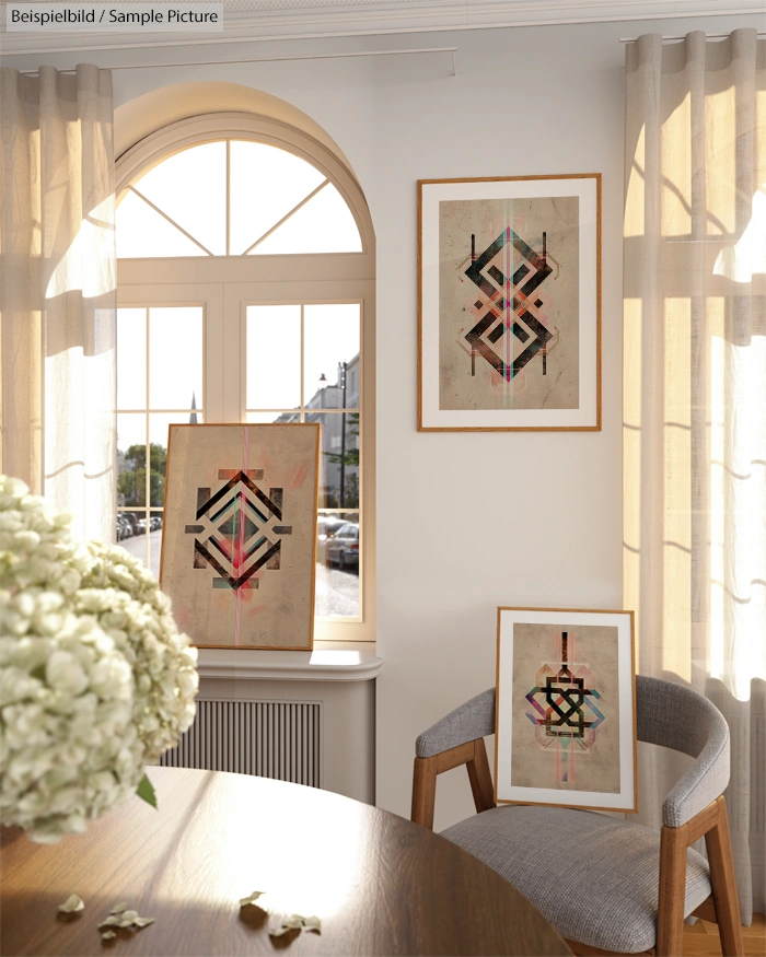 Sunlit room with abstract geometric art in frames, neutral tones, and a large window behind curtains.