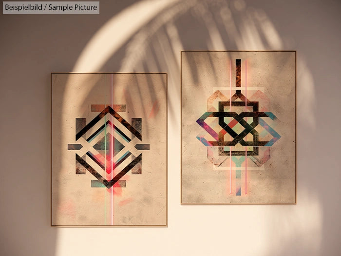 Two framed geometric abstract art prints with colorful shapes and patterns on a wall with shadow cast.