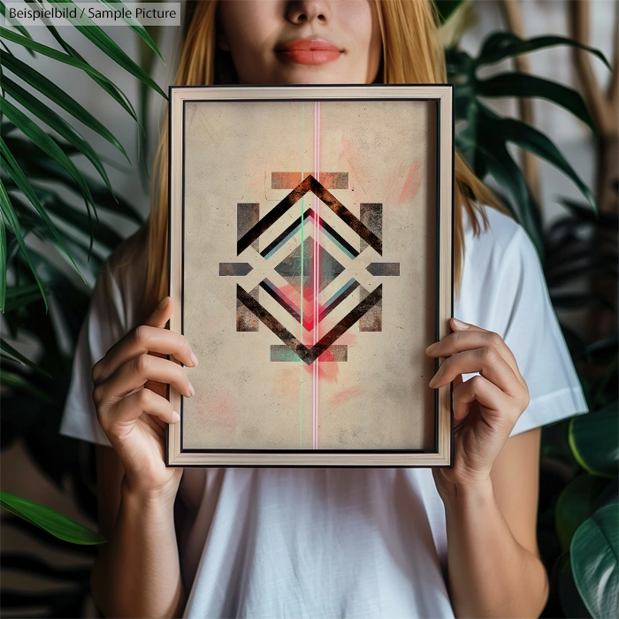 Person holding a framed geometric abstract artwork with soft colors and symmetrical shapes against a leafy background.