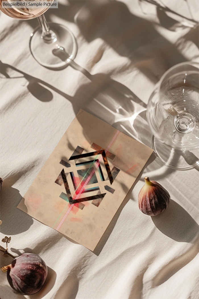 Geometric art on paper with wine glasses and figs on a white tablecloth.