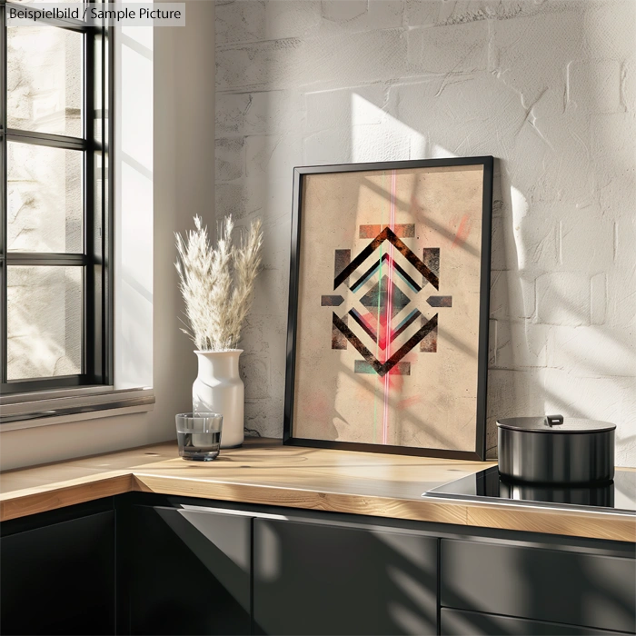 Modern kitchen with geometric art, potted pampas grass, and sunlight filtering through a window.