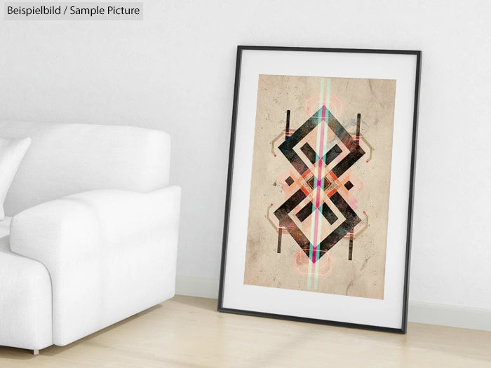 Framed abstract geometric art print with bold shapes, leaning against a white sofa in a minimalist room.