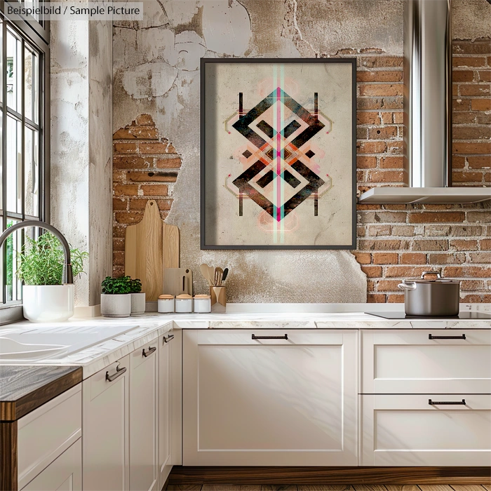 Modern kitchen with abstract geometric painting, white cabinets, brick wall accents, and stainless steel appliances.