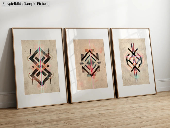 Framed geometric abstract art prints with colored lines on beige backgrounds, displayed on a wooden floor.