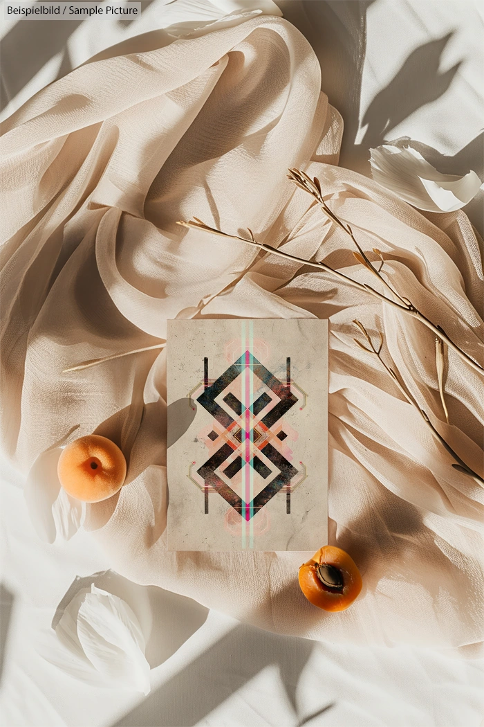 Geometric abstract art on paper, surrounded by fabric, branches, and apricots, creating a warm, soft setting.