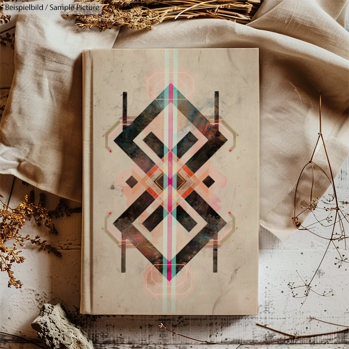 Geometric abstract design on a textured beige book cover, surrounded by dried foliage and fabric.