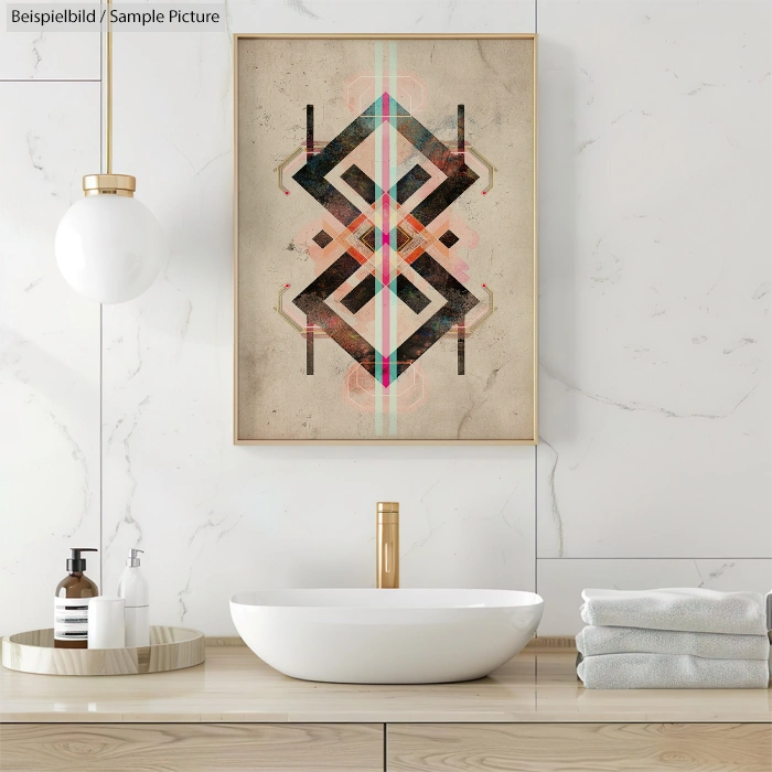 Modern bathroom with marble wall, geometric art, round sink, gold faucet, pendant light, round tray with decor, and folded towels.