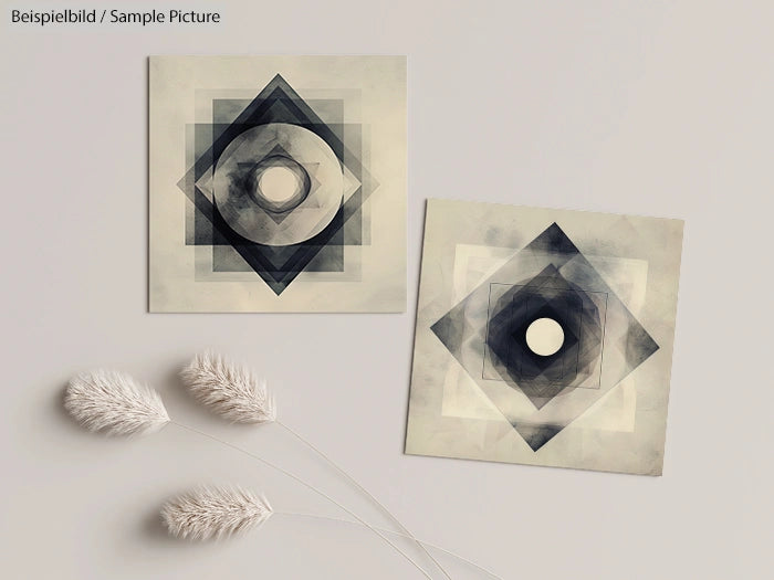 Two abstract geometric artworks with circles and squares, next to dried fluffy plants on a soft background.