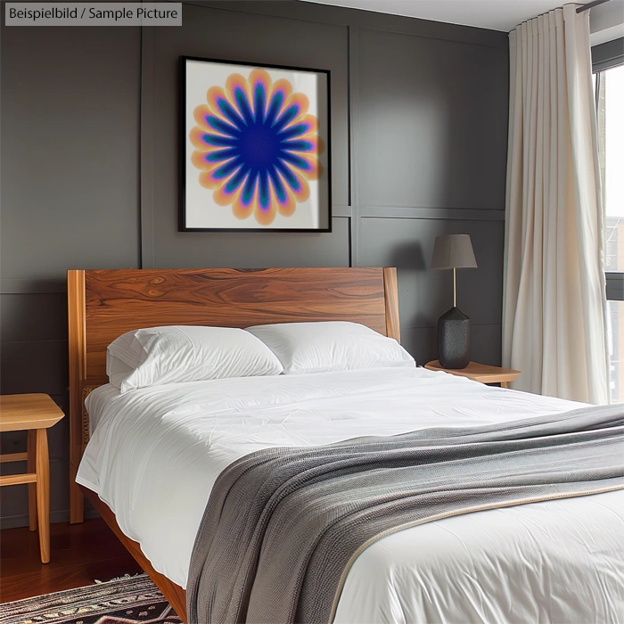 Modern bedroom with wood bed frame, white bedding, and colorful abstract art on grey wall.