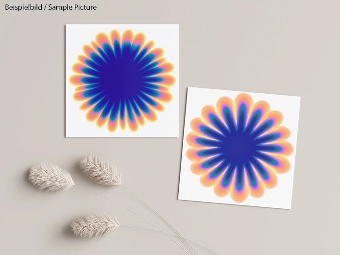Two colorful flower-like abstract art pieces with blue centers, arranged on a light background with decorative sprigs.