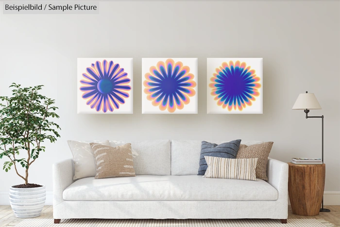Modern living room with a white sofa, cushions, a potted plant, and three abstract floral paintings on the wall.