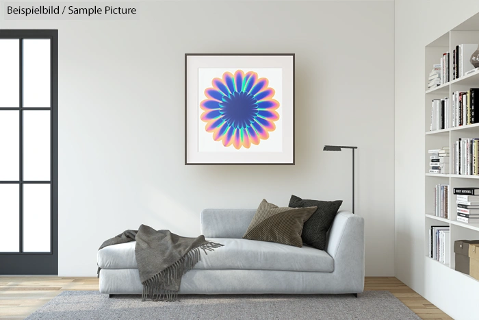 Modern living room with a gray sofa and colorful abstract flower artwork on the wall.