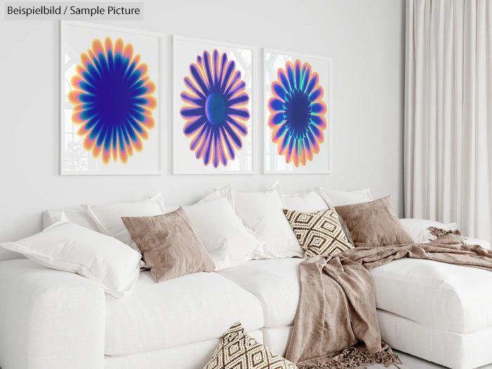 Modern living room with abstract flower prints and a white sofa with decorative pillows and a throw blanket.