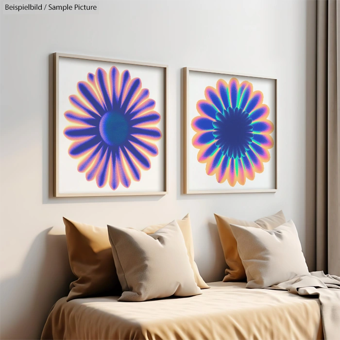 Modern bedroom with beige bedding and colorful abstract flower art on the wall, creating a cozy and artistic ambiance.