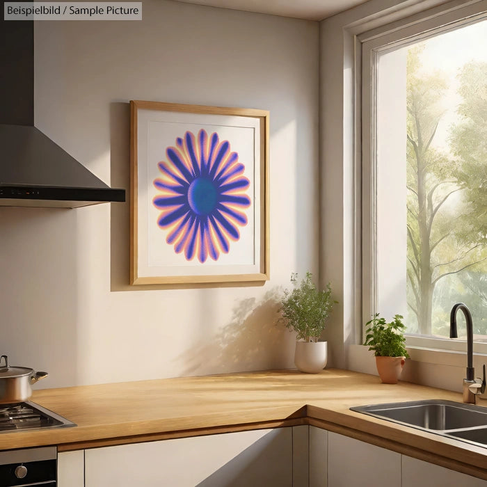 Modern kitchen with wooden countertops, a colorful abstract flower artwork, and sunlight streaming through a large window.
