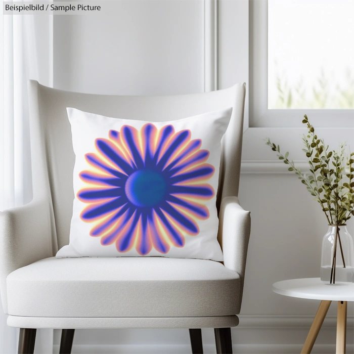 Decorative cushion on beige armchair with abstract rainbow flower design in modern room setting.