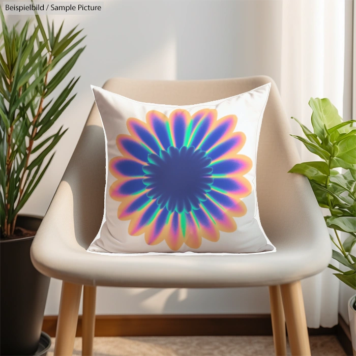 Decorative pillow on chair with vibrant flower design, surrounded by indoor plants, in a sunlit room.