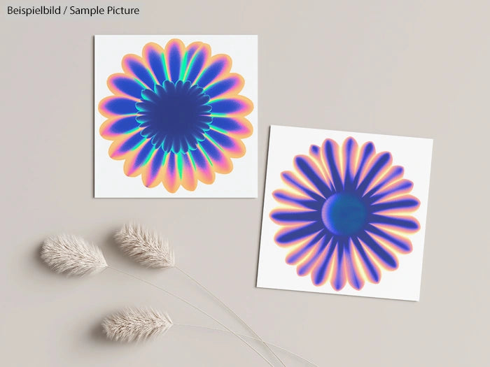Two colorful floral prints on a beige background with decorative grasses.